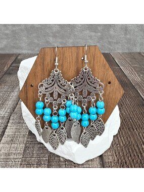 Fashion Earrings Dangle Silver Tone Faux Turquoise Chandelier Boho Southwestern